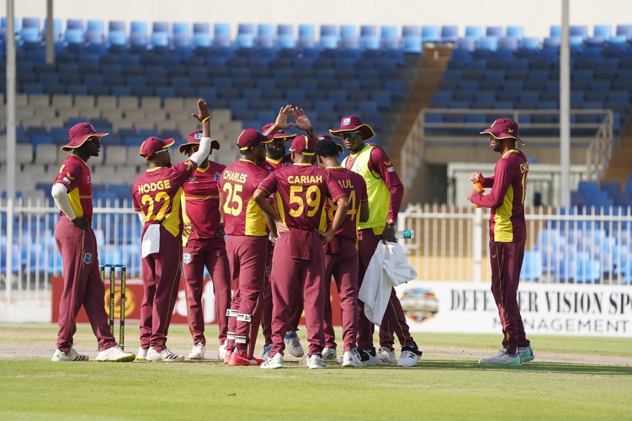 The West Indies fielders celebrate the early wicket of Lovepreet Singh, UAE vs West Indies, 3rd ODI, Sharjah, June 9, 2023