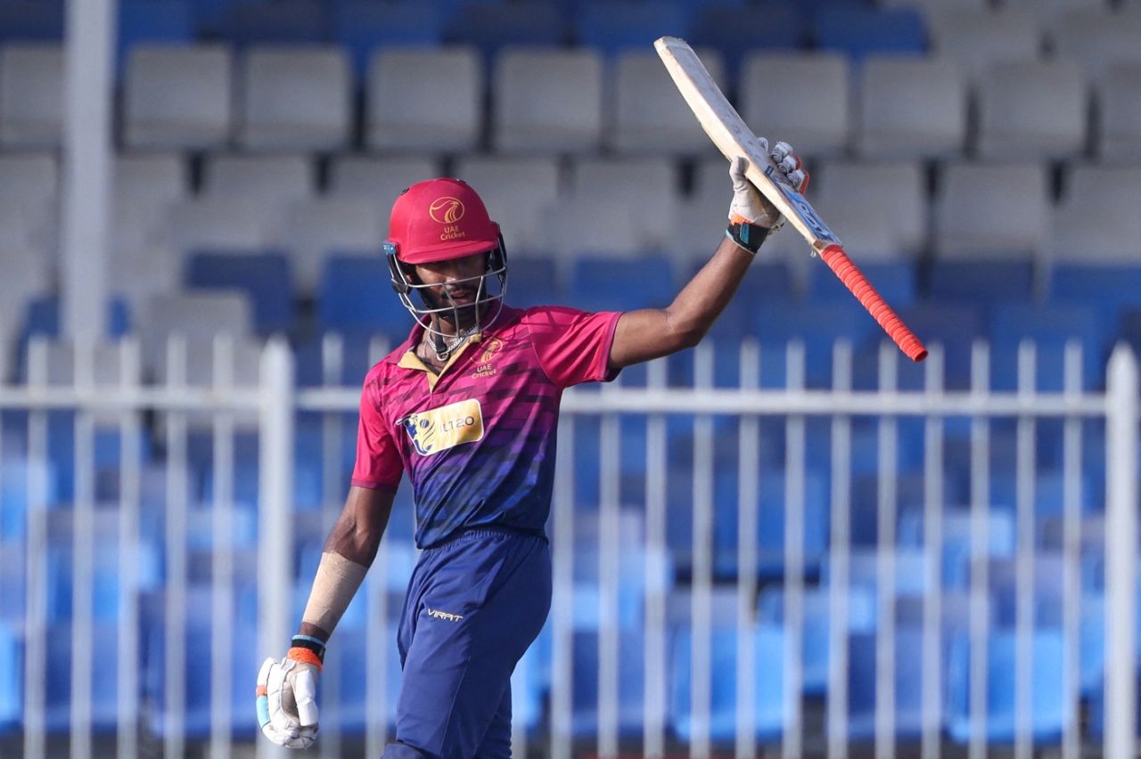 Vriitya Aravind raises his bat after getting to a half-century, UAE vs West Indies, 3rd ODI, Sharjah, June 9, 2023