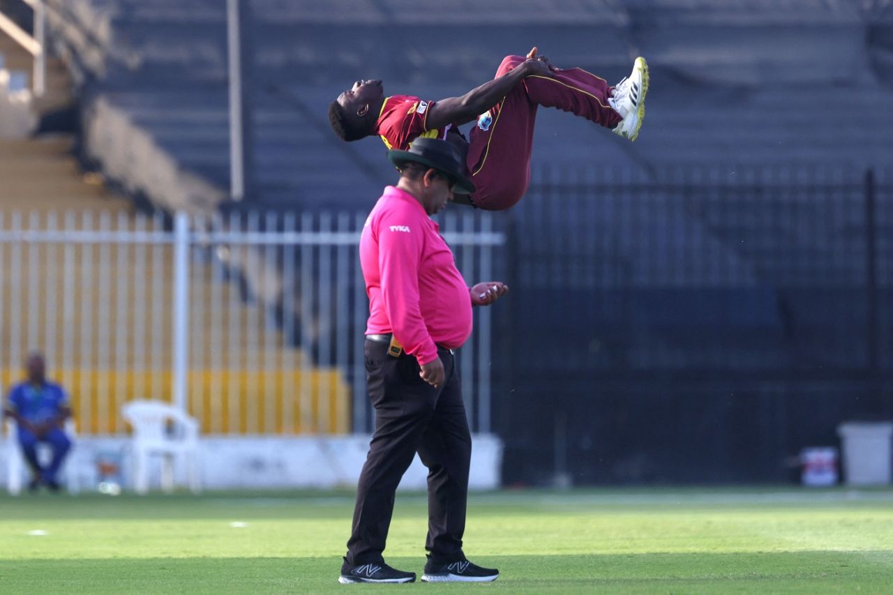 Kevin Sinclair brought out his signature celebration twice over, UAE vs West Indies, 3rd ODI, Sharjah, June 9, 2023
