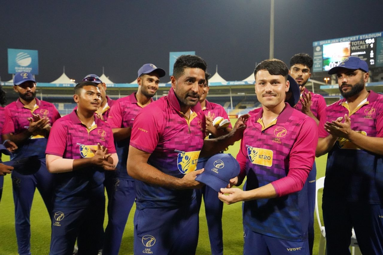 Muhammad Jawadullah receives his maiden ODI cap from Asif Khan, UAE vs West Indies, 3rd ODI, Sharjah, June 9, 2023
