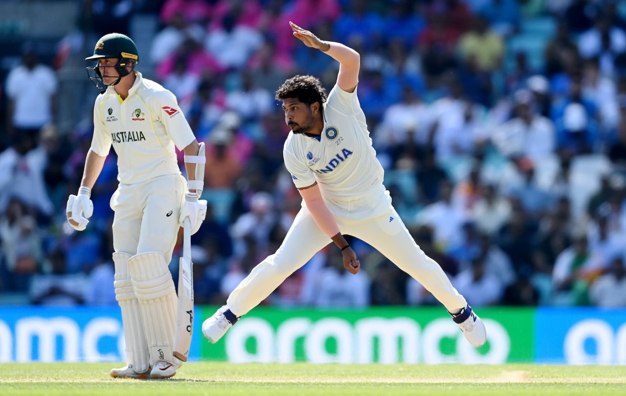 A flying Umesh Yadav bowls as Marnus Labuschagne watches, Australia vs India, WTC final, 3rd day, The Oval, London, June 9, 2023