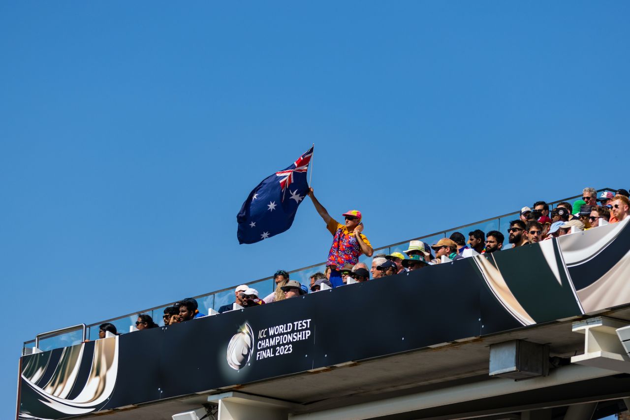 A fan gives flight to the Australian flag at The Oval, Australia vs India, WTC final, 3rd day, The Oval, London, June 9, 2023 