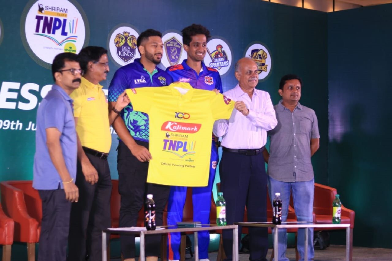 M Shahrukh Khan and R Sai Kishore at a TNPL press conference, Coimbatore, June 10, 2023