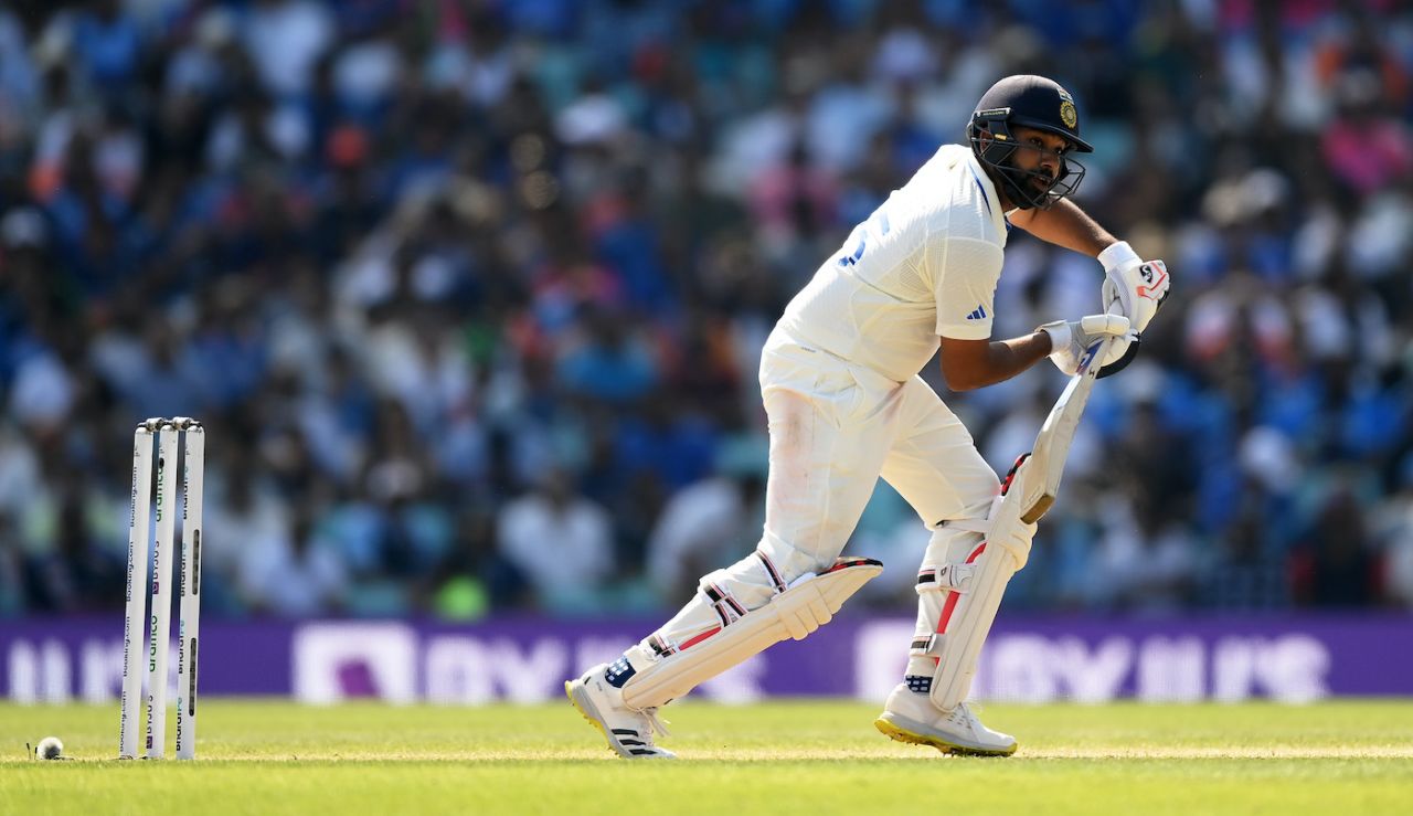 Rohit Sharma defends the ball to the off side, Australia vs India, WTC final, 4th Day, The Oval, London, June 10, 2023