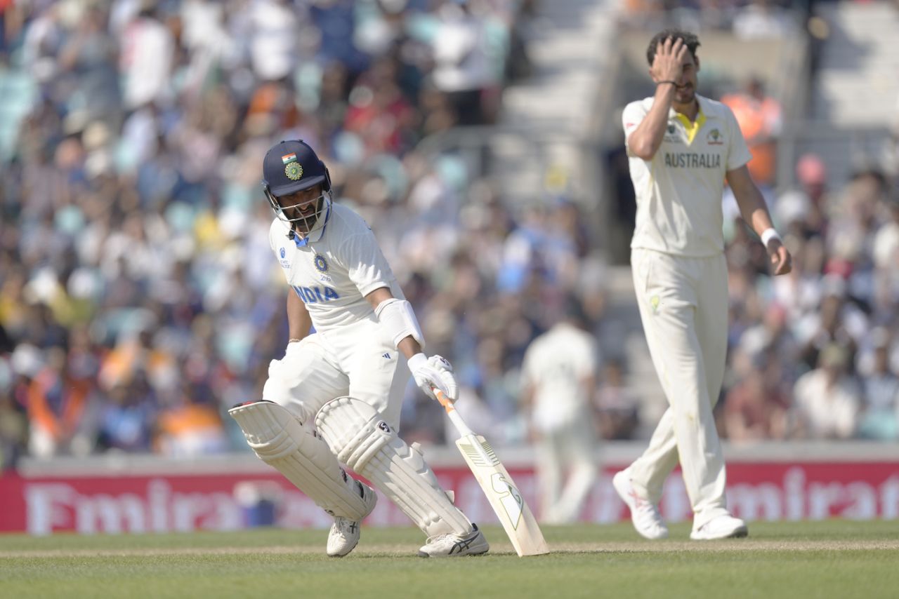 Cheteshwar Pujara runs in front of a frustrated Mitchell Starc, Australia vs India, WTC final, 4th Day, The Oval, London, June 10, 2023