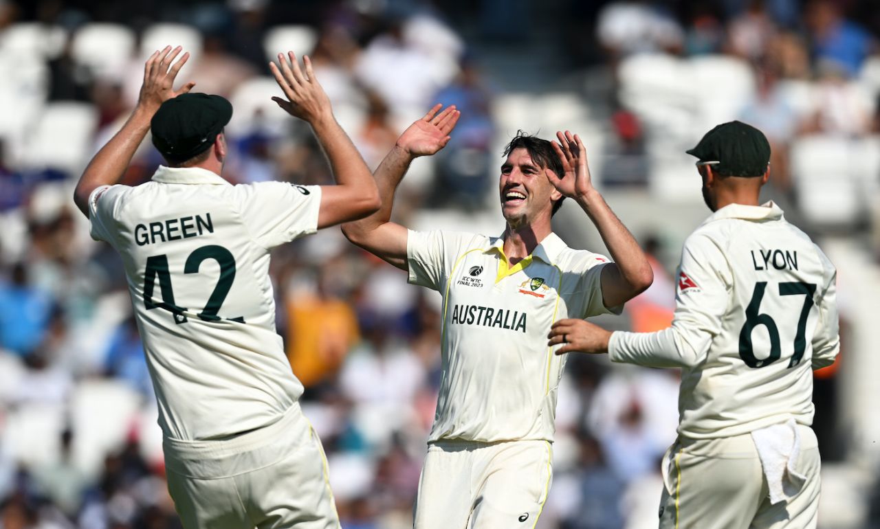 Pat Cummins joins Cameron Green and Nathan Lyon in celebrations, Australia vs India, WTC final, 4th Day, The Oval, London, June 10, 2023