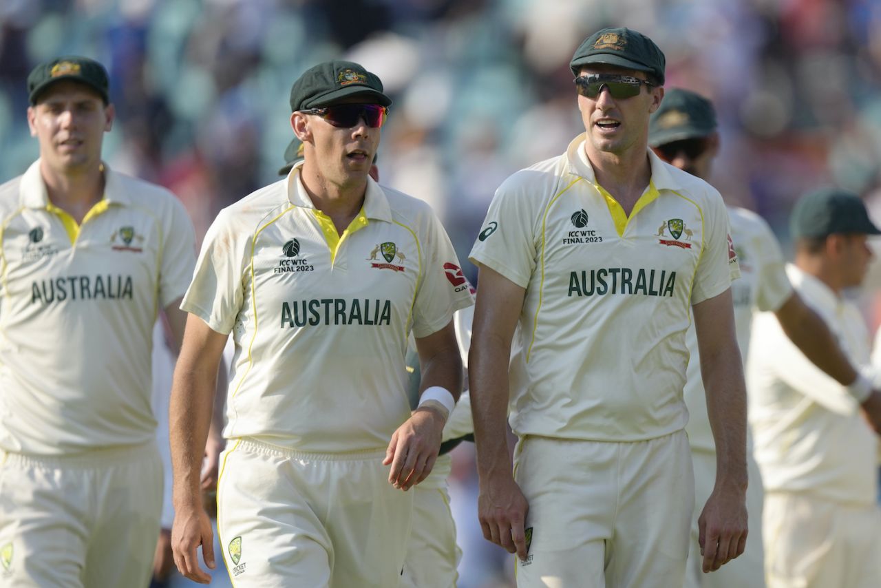 Scott Boland and Pat Cummins walk back at the end of the day, Australia vs India, WTC final, 4th Day, The Oval, London, June 10, 2023