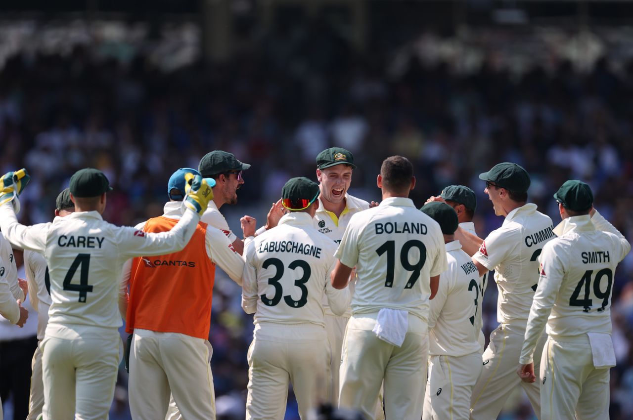 The Shubman Gill catch: Cameron Green roars as his team-mates gather around him, Australia vs India, WTC final, 4th Day, The Oval, London, June 10, 2023