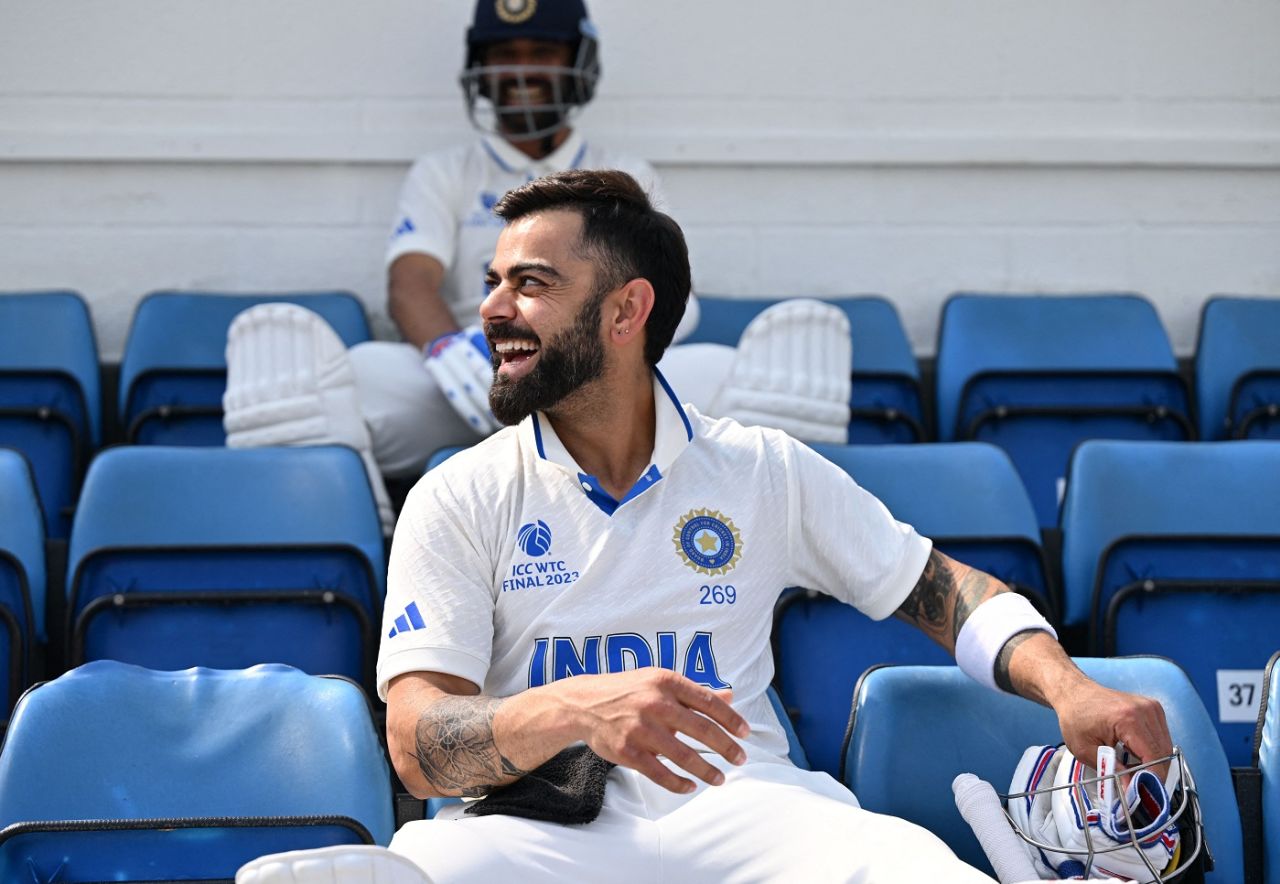 Virat Kohli shares a light moment before walking out, Australia vs India, WTC final, fifth day, The Oval, London, June 11, 2023