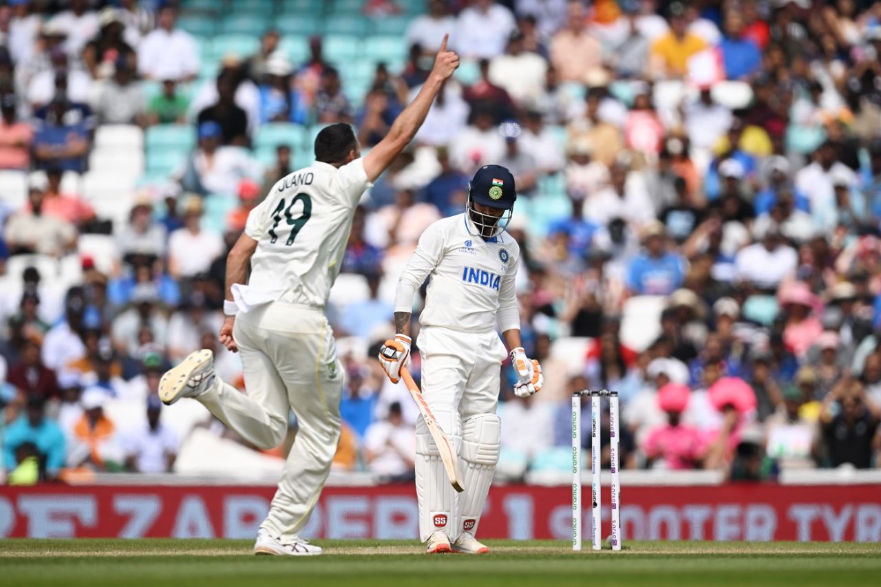 Scott Boland celebrates after getting rid of Ravindra Jadeja for a blob, Australia vs India, WTC final, fifth day, The Oval, London, June 11, 2023