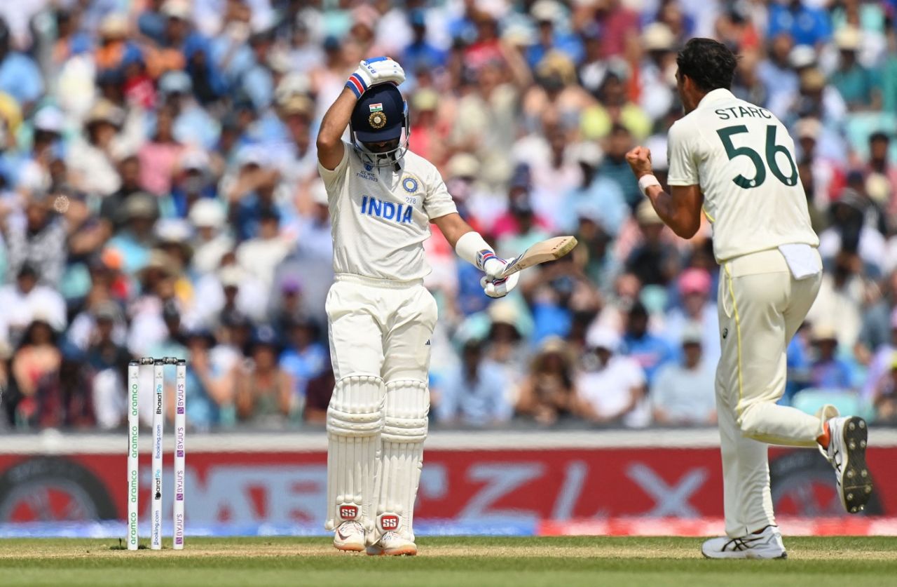 Ajinkya Rahane reacts after getting dismissed by Mitchell Starc, Australia vs India, WTC final, fifth Day, The Oval, London, June 11, 2023