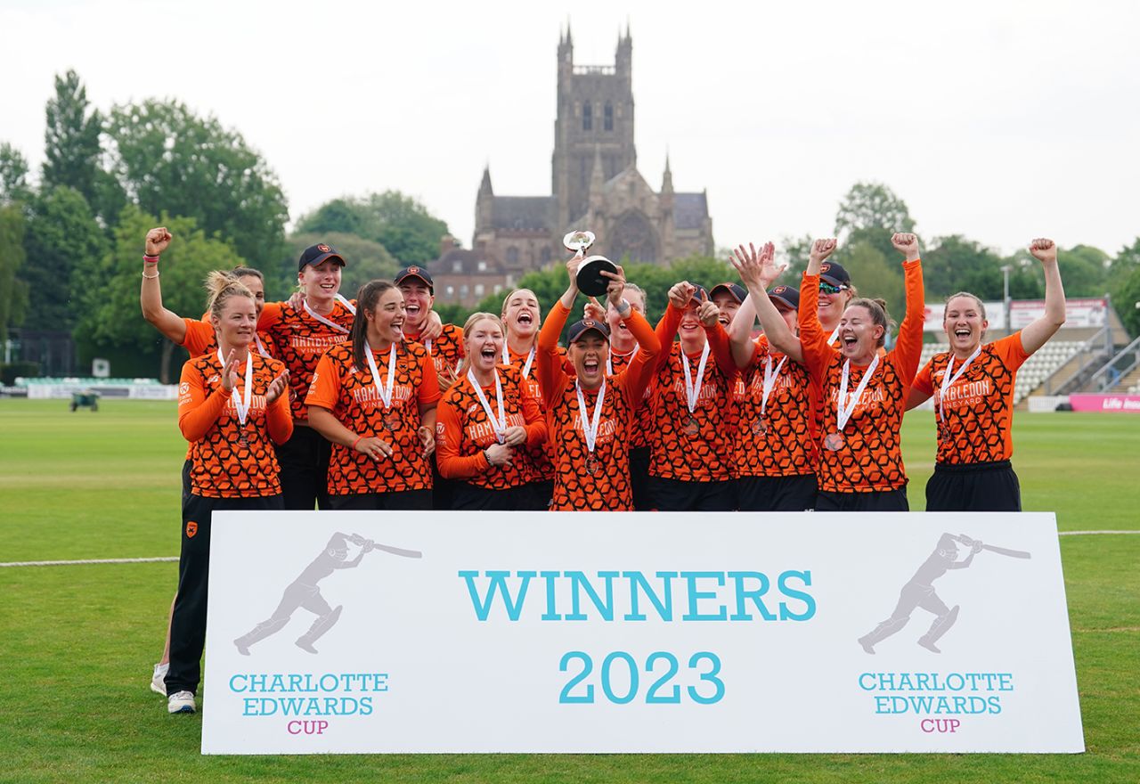 Georgia Adams lifts the trophy after Southern Vipers retained their title, The Blaze vs Southern Vipers, Charlotte Edwards Cup final, New Road, June 11, 2023