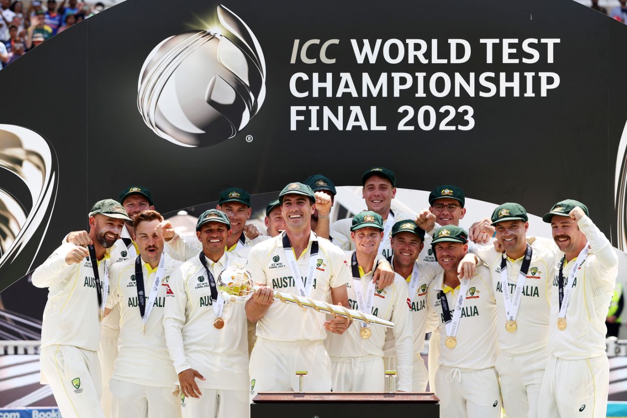 The victorious Australian squad with their spoils, Australia vs India, WTC final, fifth day, The Oval, London, June 11, 2023