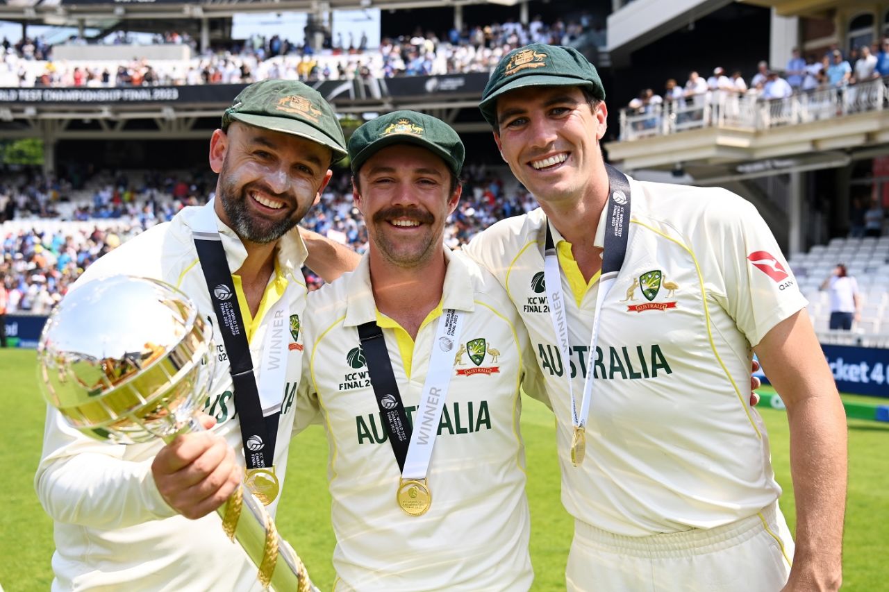 Nathan Lyon, Travis Head and Pat Cummins with the mace, Australia vs India, WTC final, fifth day, The Oval, London, June 11, 2023
