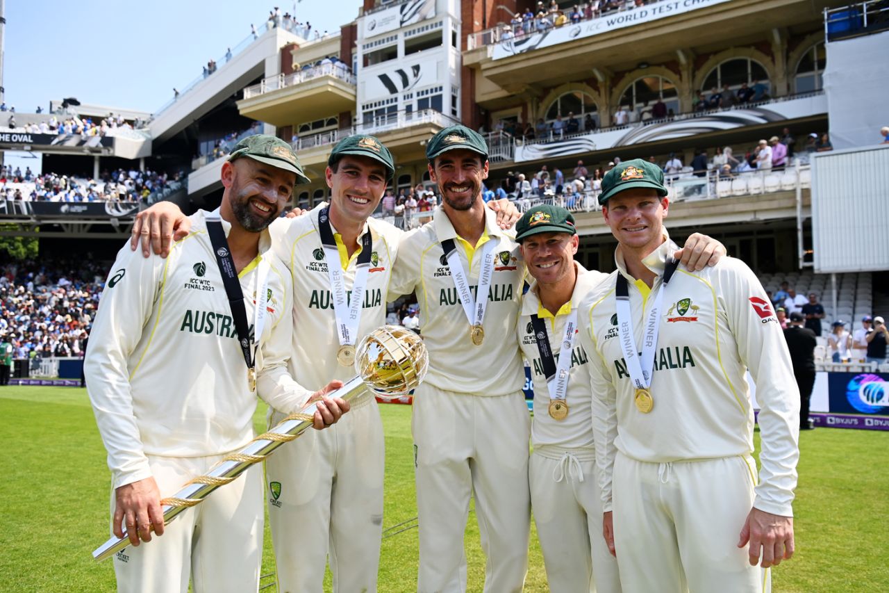 Australia's players can't resist a photo-op with the Test mace, Australia vs India, WTC final, fifth day, The Oval, London, June 11, 2023