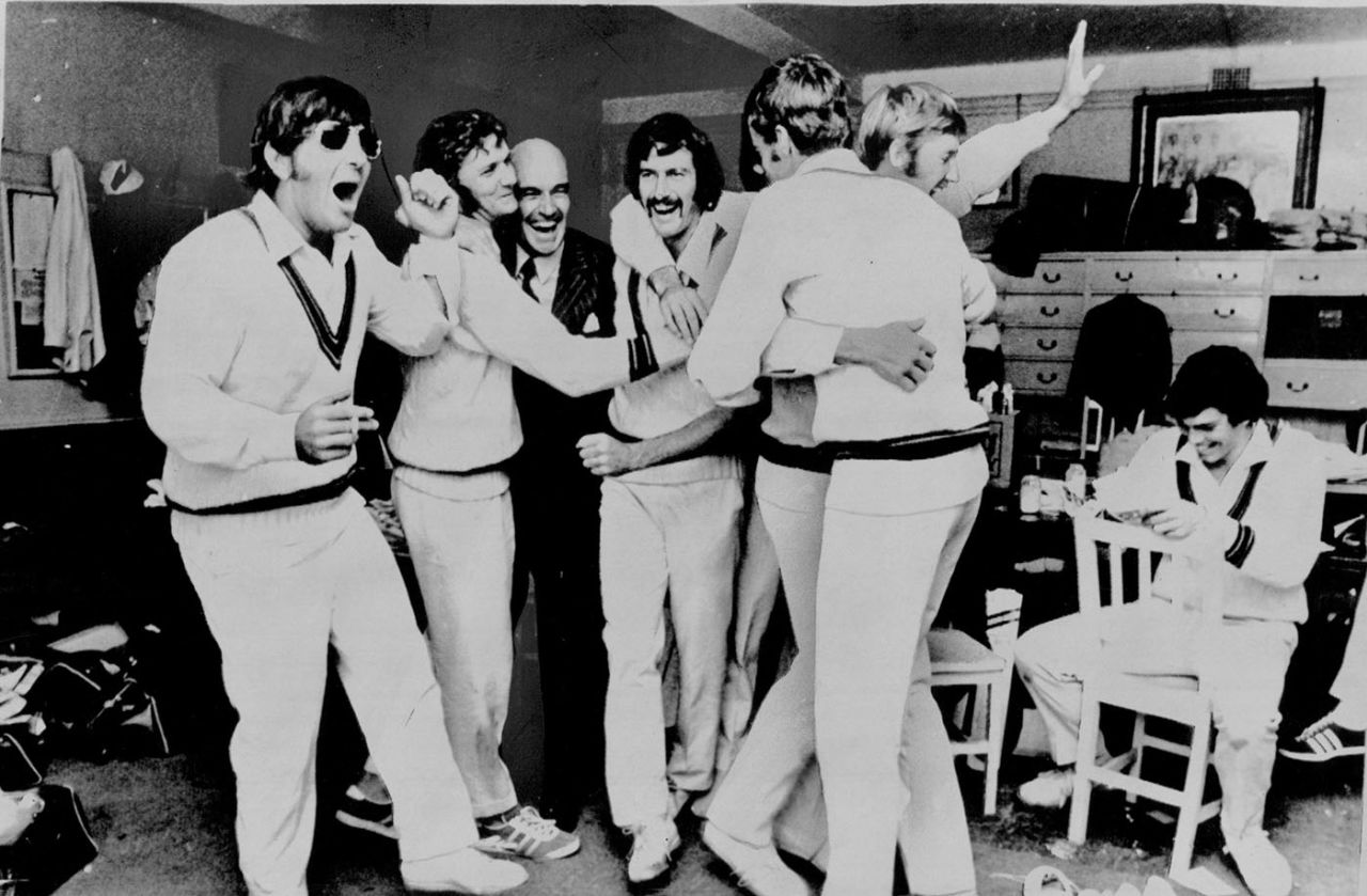 Members of the Australia team celebrate winning the second Test. From left: Rod Marsh, Bob Massie, Ray Steele, Dennis Lillee, Ross Edwards, Ashley Mallett and Jeff Hammond. England v Australia, second Test, Lord's, 4th day, June 26 1972