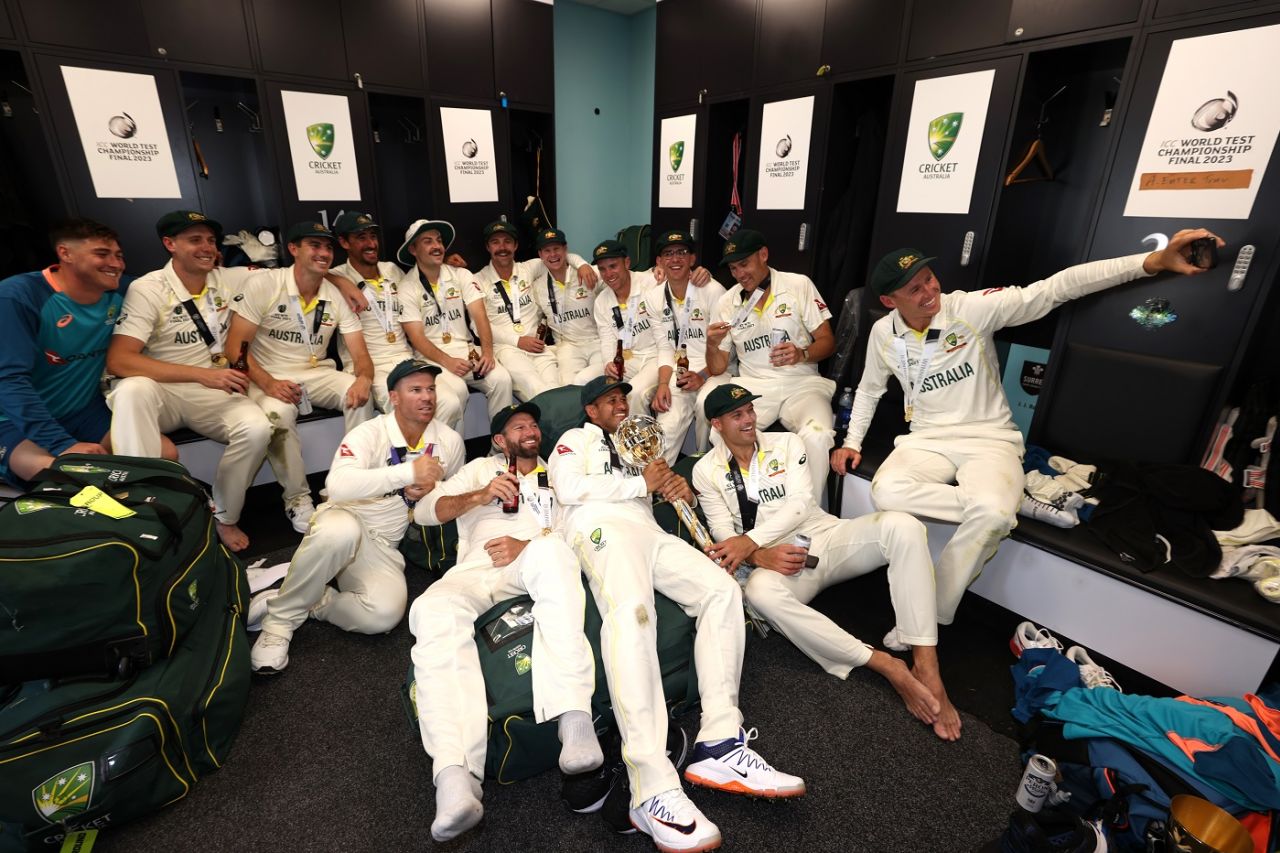 Players pose for a selfie in the Australia dressing room, Australia vs India, WTC final, The Oval, London, June 11, 2023
