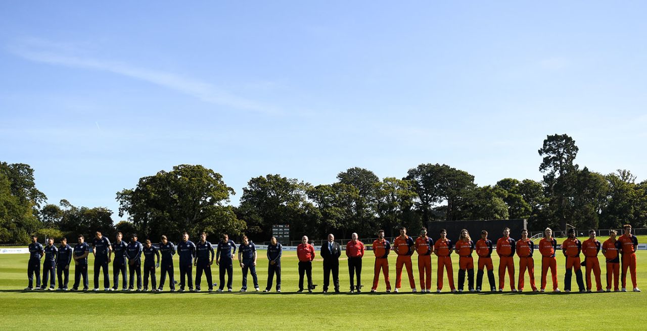 Players of Scotland and Netherlands line up, Netherlands vs Scotland, Tri-Nation T20I Series, Malahide, September 19, 2019