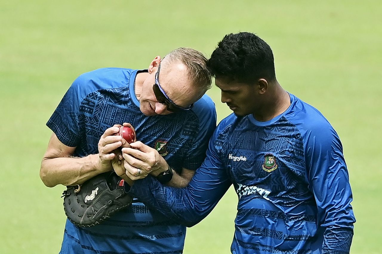 Bangladesh fast-bowling coach Allan Donald works with Musfik Hasan at the nets, Dhaka, June 13, 2023