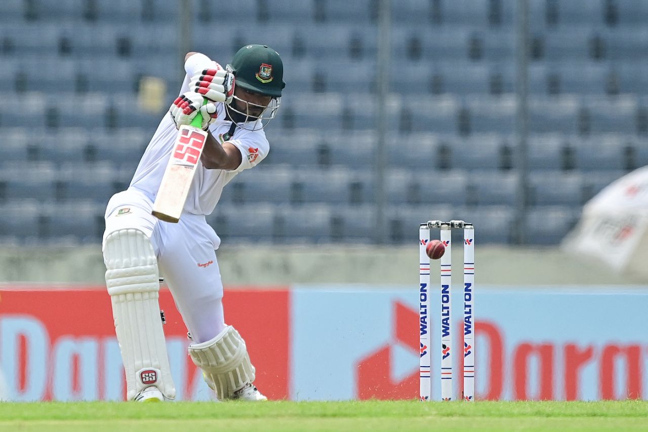 Najmul Hossain Shanto latches onto the cover drive, Bangladesh vs Afghanistan, Only Test, Mirpur, 1st day, June 14, 2023
