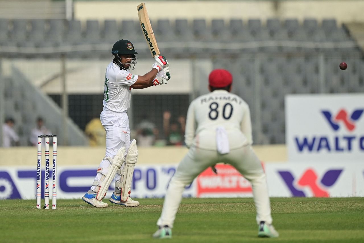 Mehidy Hasan Miraz dispatches the ball away, Bangladesh vs Afghanistan, Only Test, Mirpur, 1st day, June 14, 2023