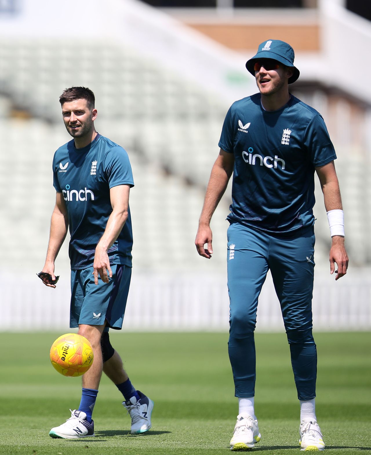 Stuart Broad and Mark Wood kick a football around, England training, England vs Australia, The Men's Ashes, 1st Test, Edgbaston, June 13, 2023