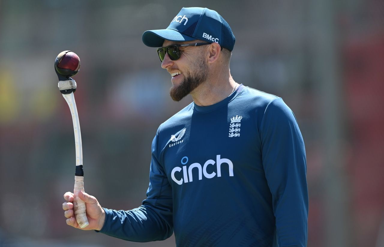 Brendon McCullum finds a reason to smile during training, Birmingham, June 14, 2023