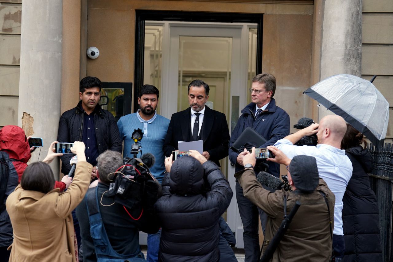 Majid Haq, Qasim Sheikh, Aamer Anwar and Gordon Arthur address the press after a meeting into the racism report, Glasgow, October 07, 2022