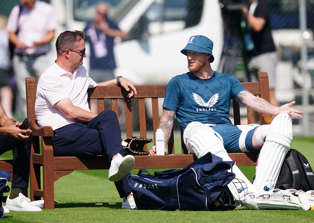 England men's managing director Rob Key chats with Ben Stokes, Edgbaston, June 15, 2023