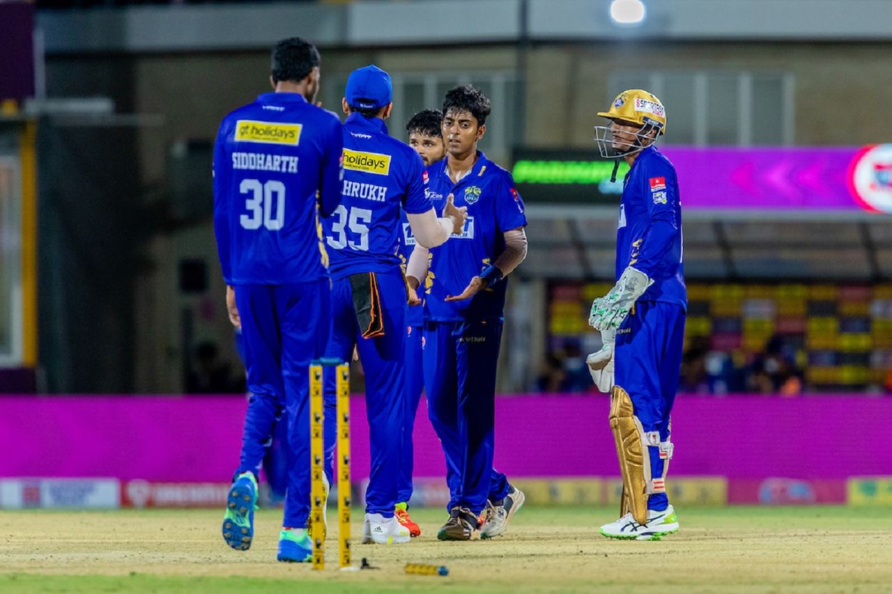 Lyca Kovai Kings' Jhathavedh Subramanyan celebrates a wicket, TNPL 2023, Coimbatore, June 15, 2023