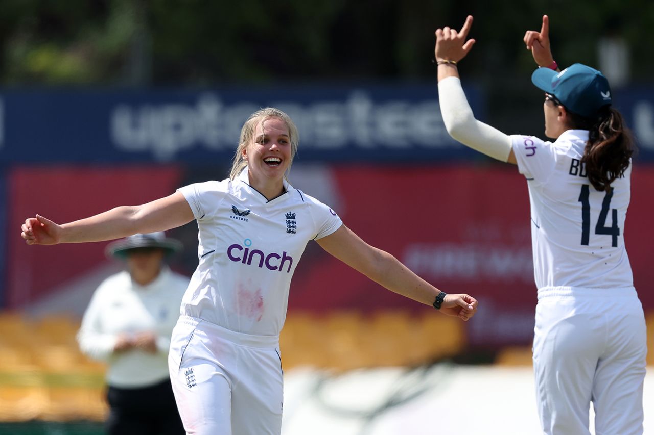 Freya Davies celebrates a breakthrough, England Women Academy vs Australia, Tour match, Grace Road, June 15, 2023