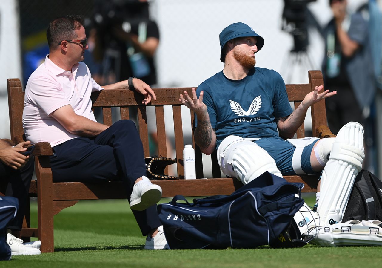 England men's managing director Rob Key chats with Ben Stokes, Edgbaston, June 15, 2023