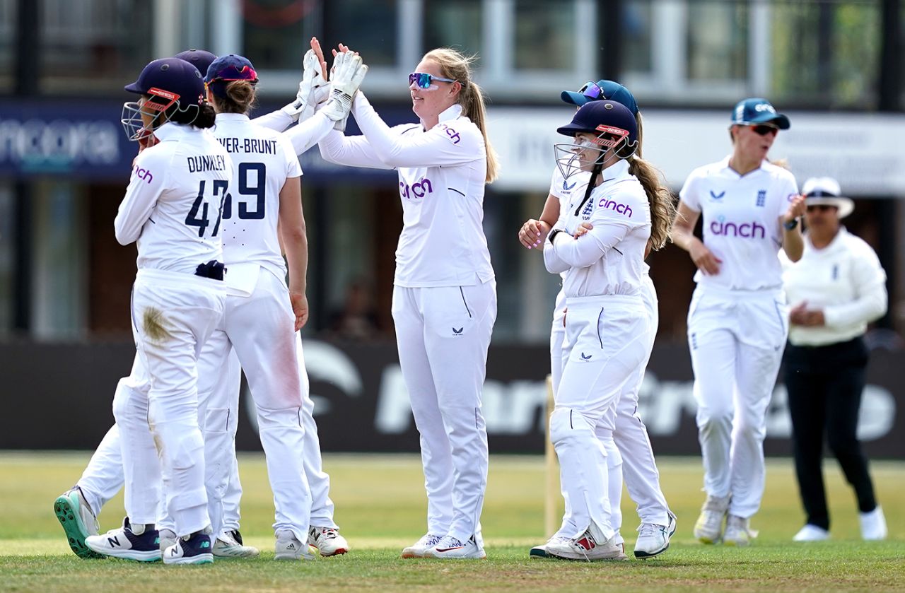 Sophie Ecclestone lines up the high fives, England vs Australia A, Tour match, Derby, June 15, 2023
