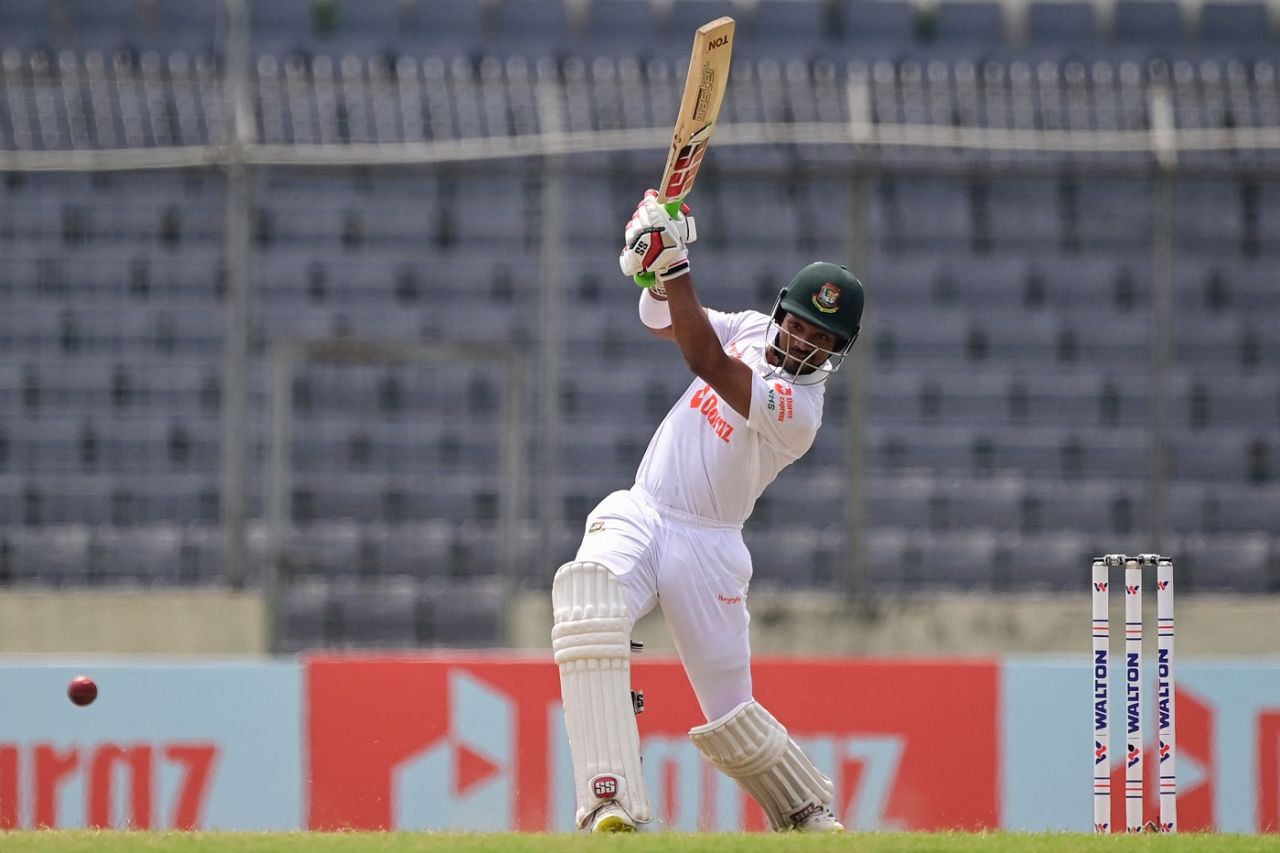 Najmul Hossain Shanto sends one down the ground, Bangladesh vs Afghanistan, Only Test, Mirpur, 3rd day, June 16, 2023