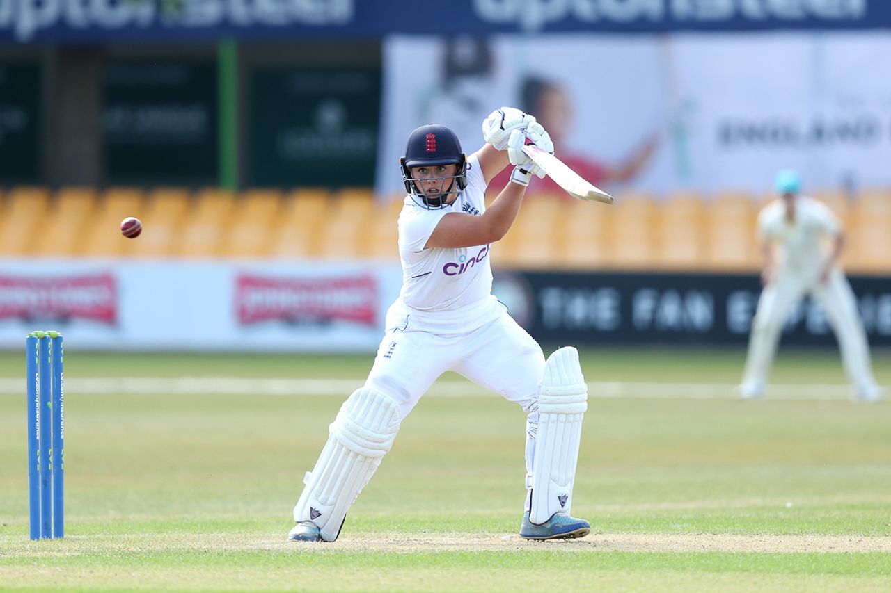 Bess Heath drives during her 88, England Women Academy vs Australia, Womens's Ashes tour match, Grace Road, June 16, 2023