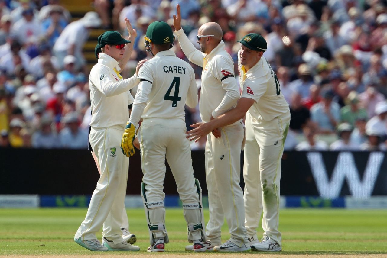 Nathan Lyon celebrates the wicket of Jonny Bairstow, England vs Australia, 1st Ashes Test, Edgbaston, 1st day, June 16, 2023