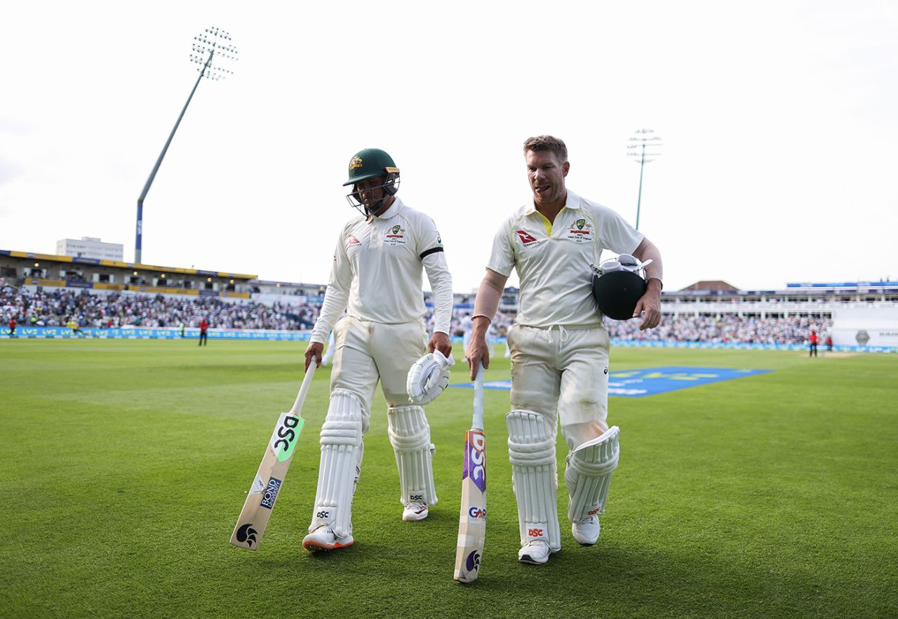Usman Khawaja and David Warner walk from the ground at stumps, England vs Australia, 1st Ashes Test, Edgbaston, 1st day, June 16, 2023