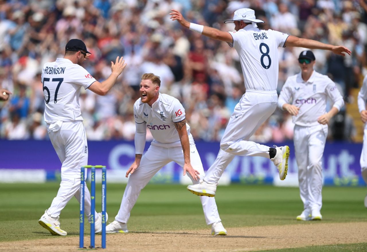 Ben Stokes prepares to be swamped by his team-mates after trapping Steve Smith lbw, England vs Australia, 1st Ashes Test, Edgbaston, 2nd day, June 17, 2023