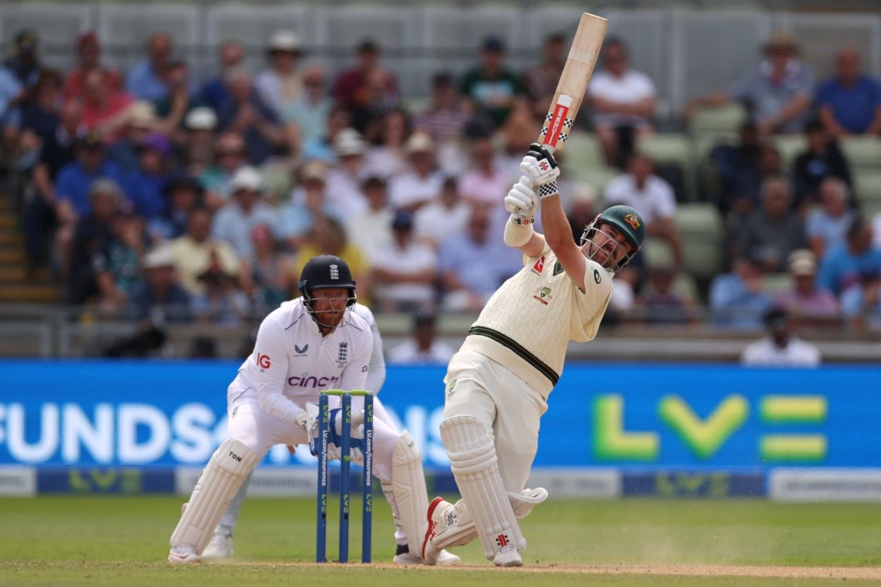 Travis Head strikes down the ground as Australia rebuild, England vs Australia, 1st Ashes Test, Edgbaston, 2nd day, June 17, 2023
