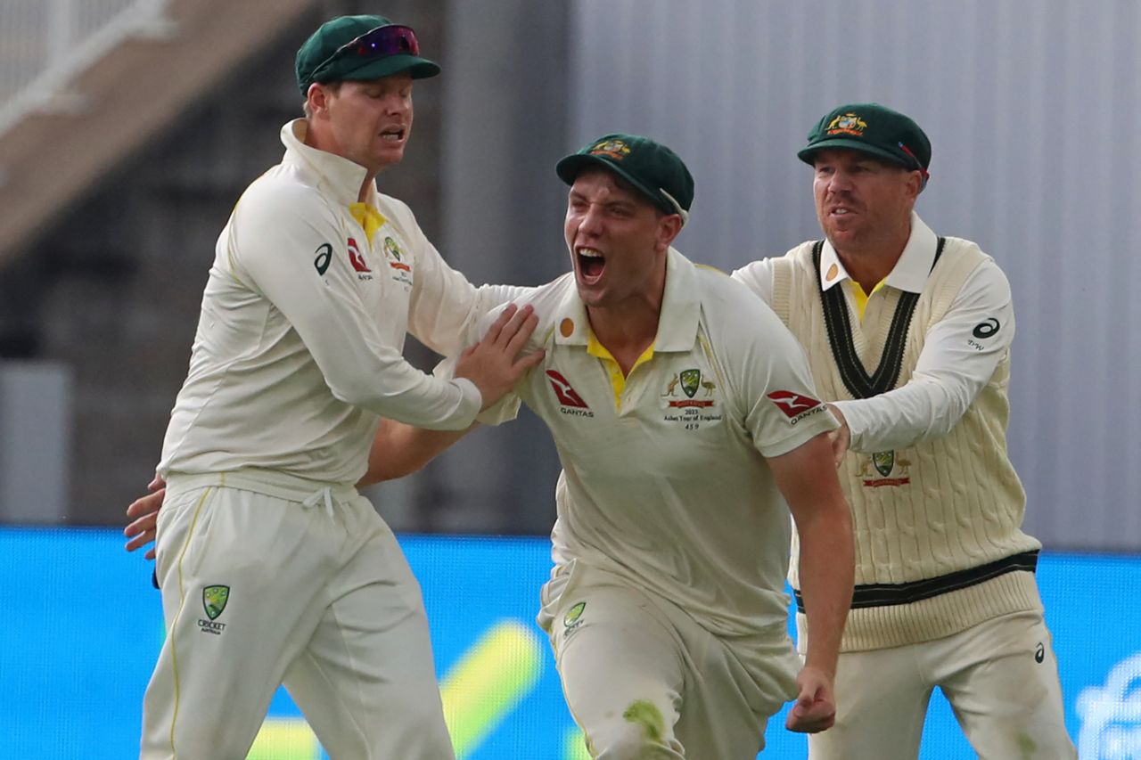 Cameron Green and his team-mates are pumped up after his low catch at gully to send back Ben Duckett, England vs Australia, 1st Ashes Test, Edgbaston, 3rd day, June 18, 2023