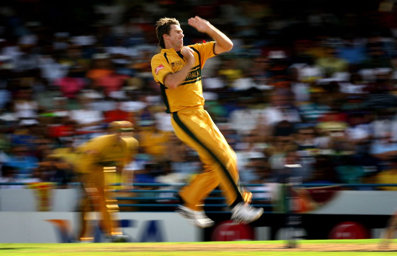 Glenn McGrath bowls, Australia v Sri Lanka, World Cup final, Barbados, April 28, 2007