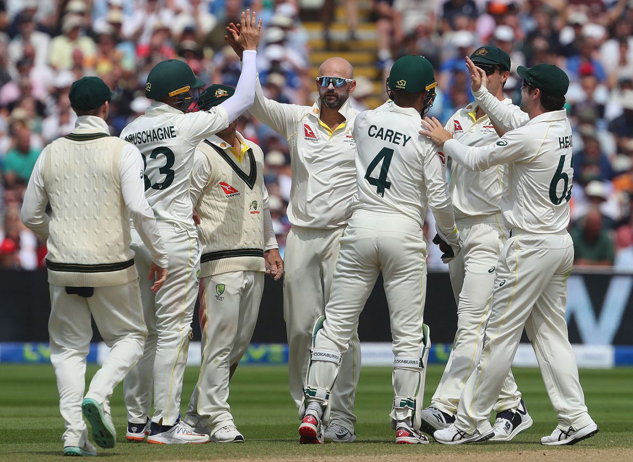 Nathan Lyon celebrates with team-mates after taking the wicket of Joe Root, England vs Australia, 1st Ashes Test, Edgbaston, 4th day, June 19, 2023