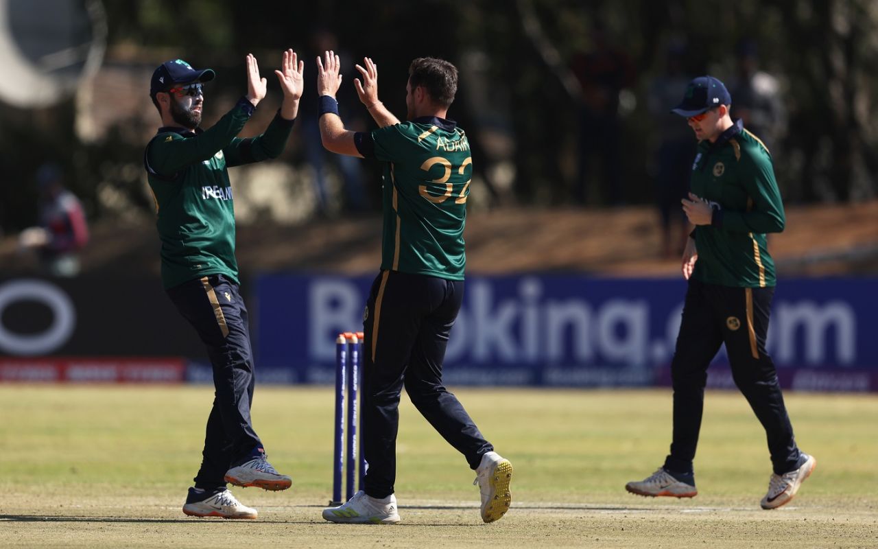 Mark Adair celebrates an early wicket, Ireland vs Oman, World Cup Qualifier, Bulawayo, June 19, 2023