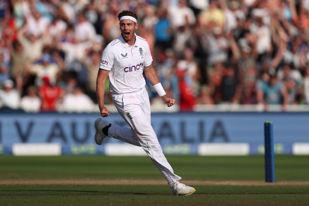 Stuart Broad wheels away in delight after dismissing Steve Smith during an inspired spell, England vs Australia, 1st Ashes Test, Edgbaston, 4th day, June 19, 2023
