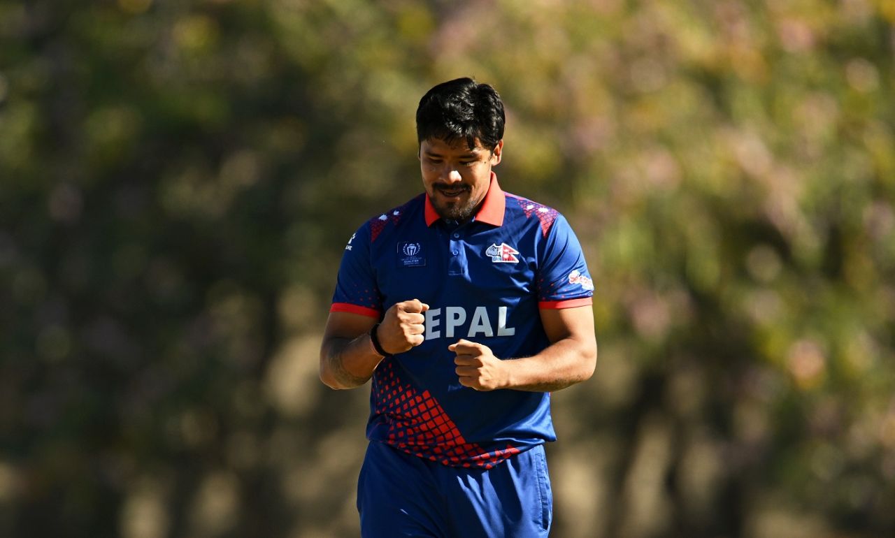 Karan KC is pumped up after trapping Saiteja Mukkamalla first ball, Nepal vs USA, ICC World Cup Qualifier, Harare, June 20, 2023