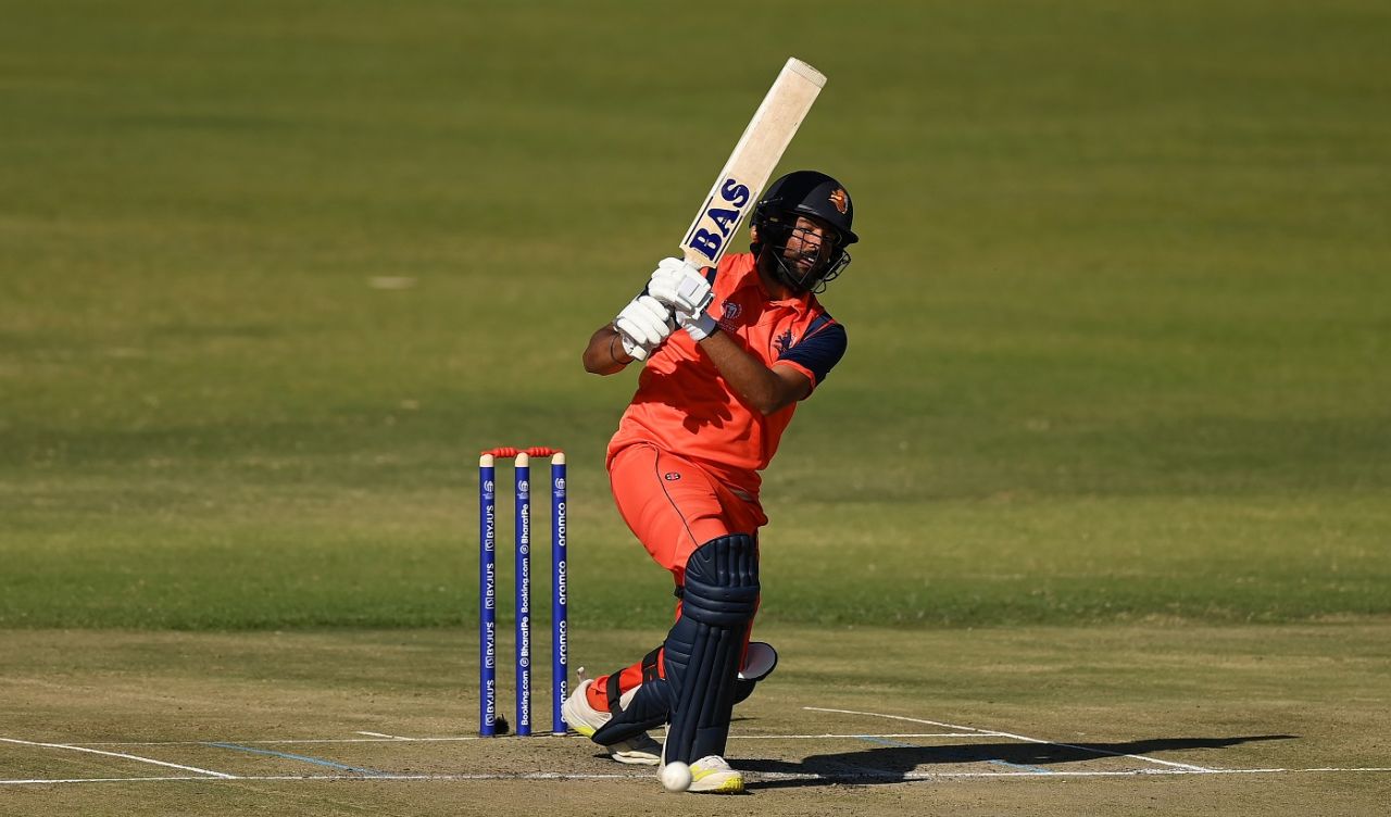 Vikramjit Singh drives one through the covers, Zimbabwe vs Netherlands, ICC World Cup Qualifier, Harare, June 20, 2023