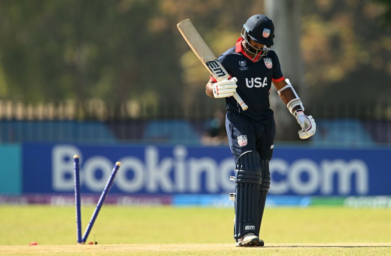 Sushant Modani walks back after falling for 42, Nepal vs USA, ICC World Cup Qualifier, Harare, June 20, 2023