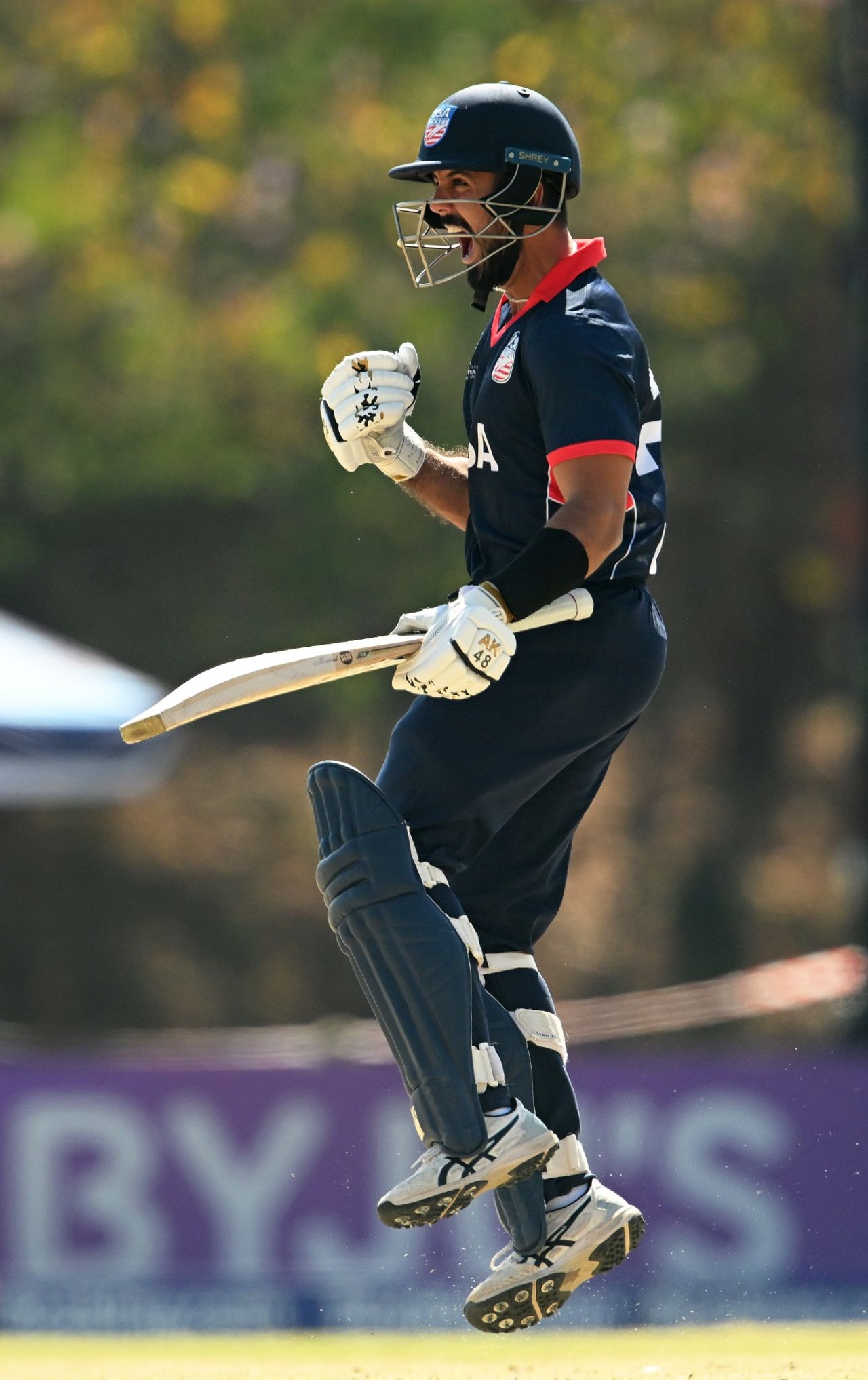 Shayan Jahangir is pumped after scoring his maiden hundred, Nepal vs USA, ICC World Cup Qualifier, Harare, June 20, 2023