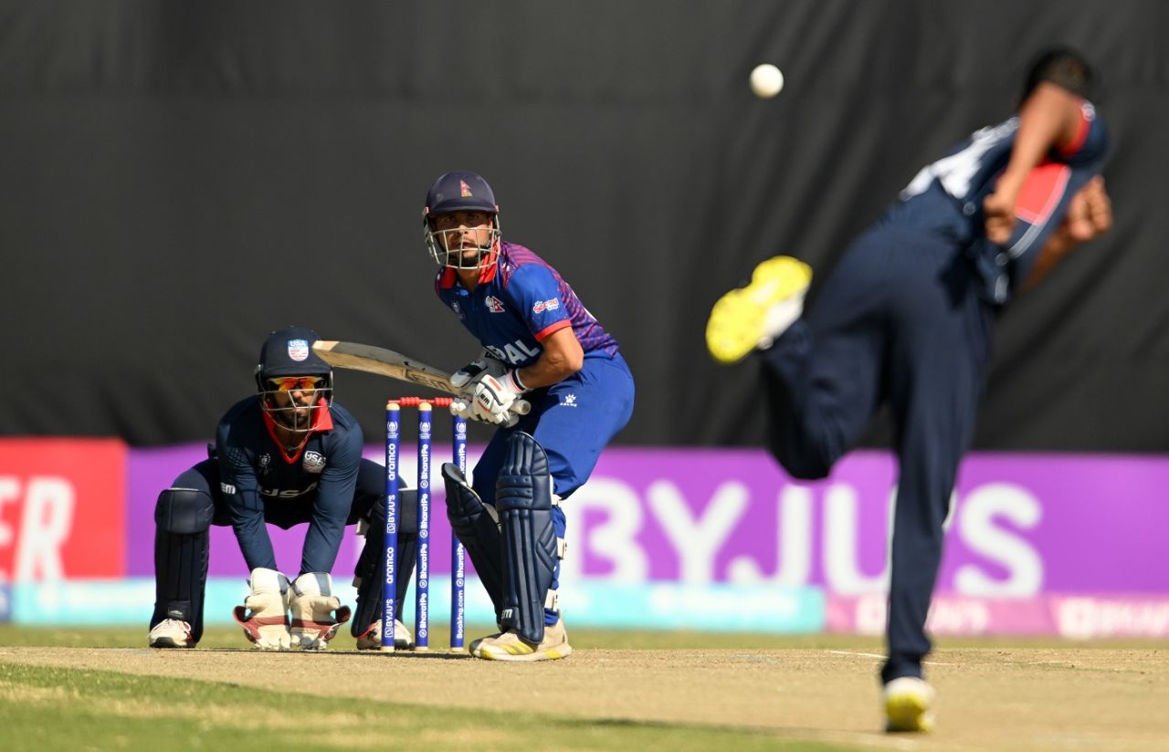 Bhim Sharki has his eyes on the ball, Nepal vs USA, ICC World Cup Qualifier, Harare, June 20, 2023