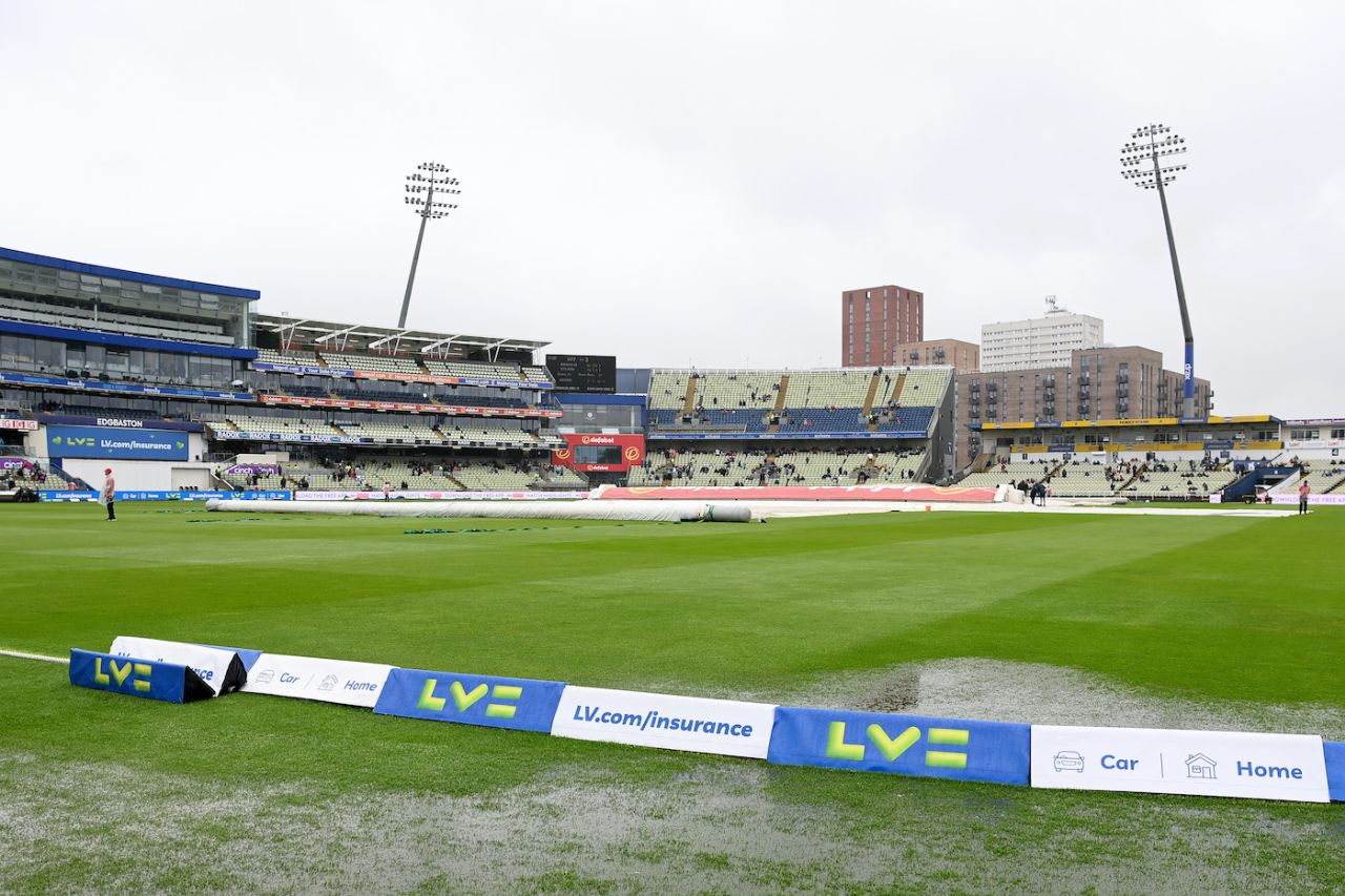 The remnants of rain take their stage in the outfield, England vs Australia, 1st Ashes Test, Edgbaston, 5th day, June 20, 2023